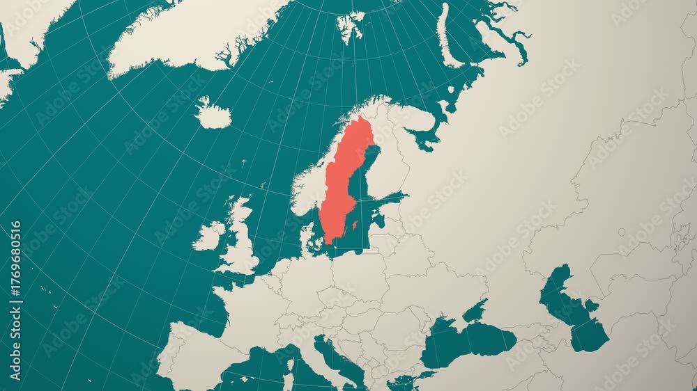 Sweden map. Animated zoom into the country on the Globe in Teal Pale Mint color palette. Country logo animation. Map with meridians, parallels. Awesome video.