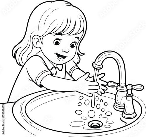 Smiling little girl washing hands at sink with running water, hygiene education coloring page for kids promoting cleanliness and health