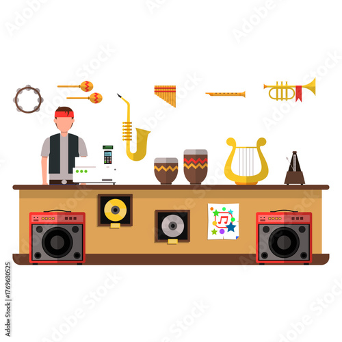 Diverse Collection of Musical Instruments and DJ Equipment on a Countertop