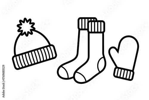 Illustration of a winter hat with pom pom socks and a mitten outline