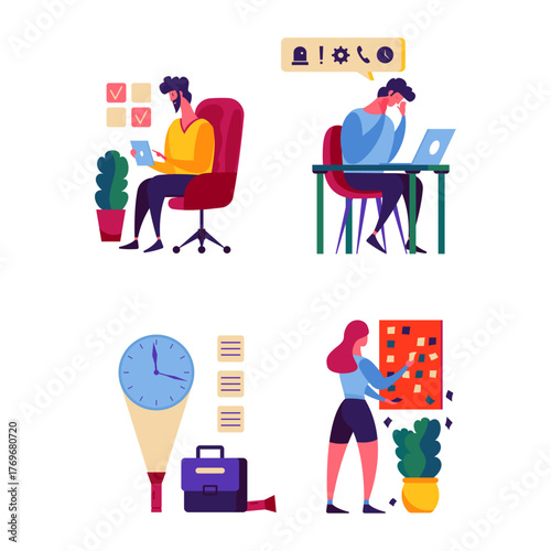 Illustration set showing people working on projects, stressed out, and managing time and tasks
