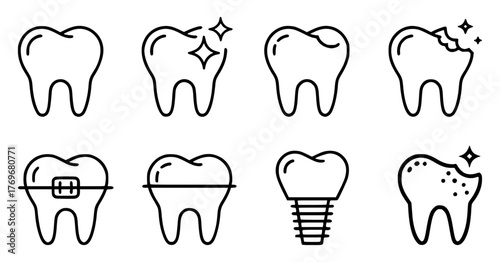 Dental Health Icons Healthy, Damaged, Braces, Implant, and More