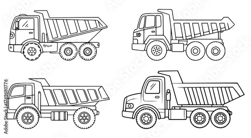 Four Black and White Illustrations of Dump Trucks