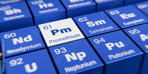 Photos Detail view of the chemical element Pm Promethium with the atomic number 61 within the periodic table of elements