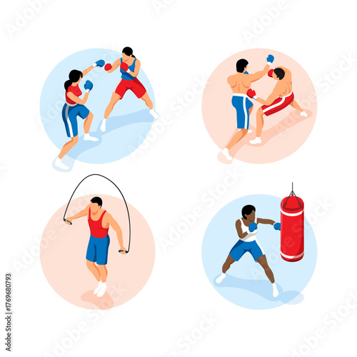 Boxing sport concept with isometric icons of athletes training, sparring, and fighting