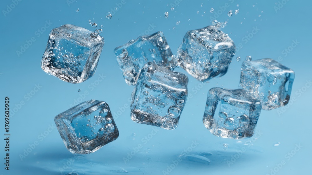 Obraz premium Ice cubes splash playfully creating bubbles in clear water showcasing a vibrant blue backdrop.