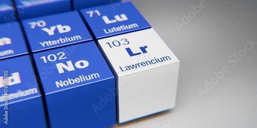 Detail view of the chemical element Lr Lawrencium with the atomic number 103 within the periodic table of elements. Dynamic dispersion effect at the corners and shallow depth of field.