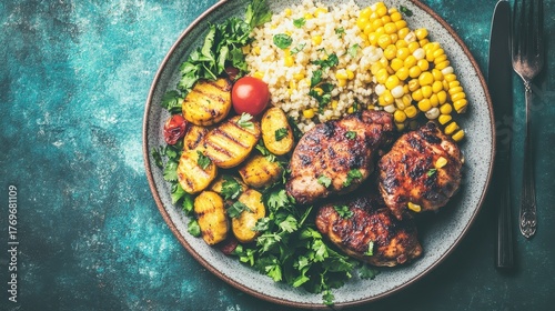 Grilled Caribbean Jerk Chicken Meal Served on a Ceramic Plate