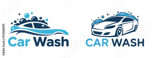 Two Car Wash Logos with Bubbles and Sparkles