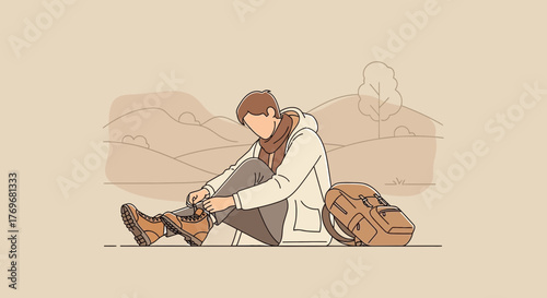 Person Adjusting Hiking Boot Outdoors Before Adventure With Backpack Beside Him