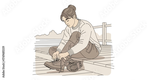 Person Adjusting Hiking Boot While Relaxing on Wooden Dock Near a Scenic Landscape