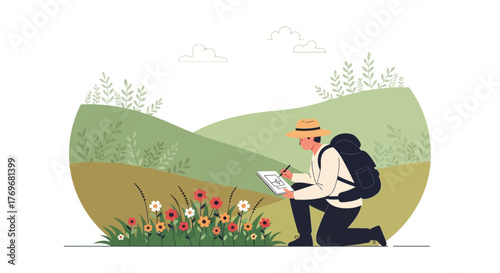 Observing Nature: A Traveler Documents Plants and Flowers in an Outdoor Landscape Setting