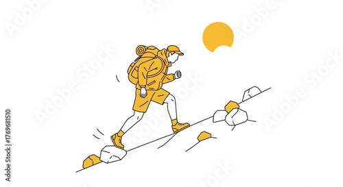 Person Hiking Uphill Towards the Sun With Minimalist Style and Vector Illustration