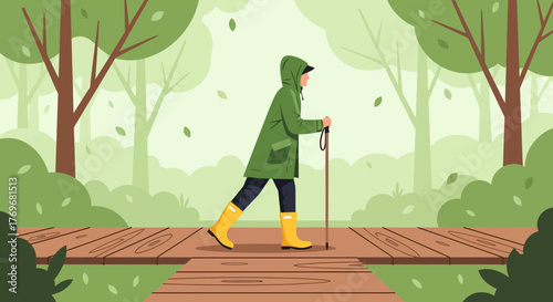 Person In A Green Coat Walking Through A Verdant Forest On A Wooden Path