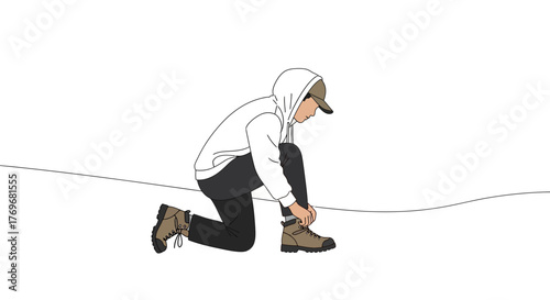 Person Kneeling, Tying Shoe, Preparing For Hiking, Against Clean White Background