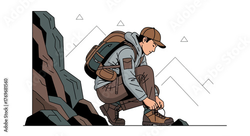 Outdoor Traveler Preparing For Trek, Shoelace Tying with Mountain and Rock Graphic Illustration