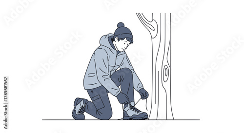 Person Kneeling, Tying Boot, Near Tree: Preparing for Adventure in the Wilderness