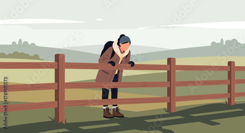 Person Leaning On A Wooden Fence, Observing The Landscape With A Backpack
