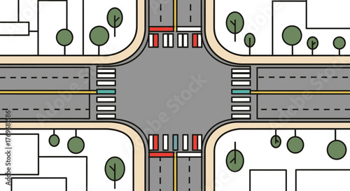 Overhead View of A City Intersection Depicting Roadways, Trees, And Crosswalks