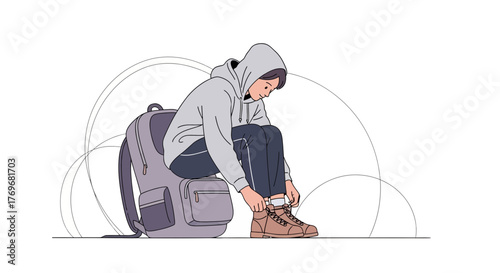 Person Seated on Backpack Prepares For Journey, Laces Up the Hiking Boots Ready