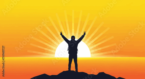 Person Standing Silhouetted Against a Sunset with Arms Raised in Victory and Success