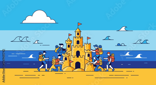 People Build Sandcastle On Beach, Summer Travel, Friendship, Outdoor Recreation Illustration
