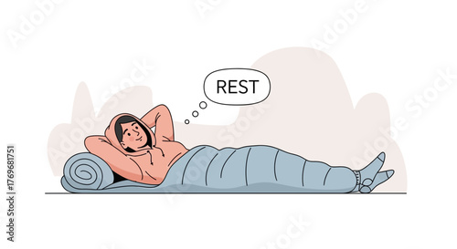 Person Thinking About Rest While Reclining Outside in a Sleeping Bag Comfortable Peace