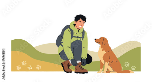 Person With Backpack Prepares For Hike With Canine Friend: Autumn Adventure Beckons