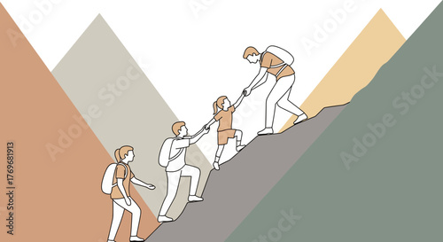 People Helping Each Other Climb Mountain, Facing Challenges And Overcoming Obstacles Together