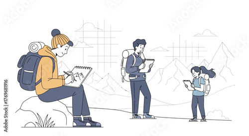 People Hiking And Sketching Mountains Outdoors With Backpacks In The Wilderness