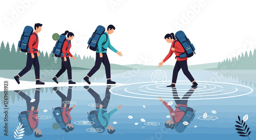 People Hiking Together Near a Lake During an Adventurous Journey For Teamwork