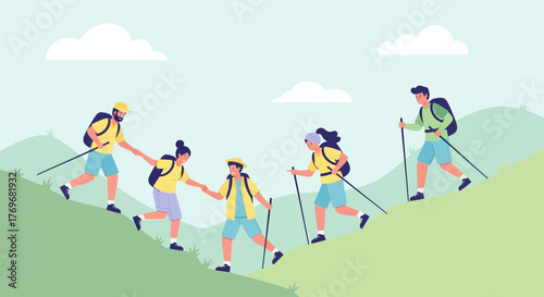 People Hiking Together, Helping Each Other on a Mountain Trail for a Better Life