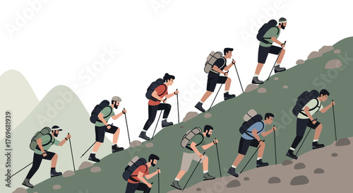 People Hiking Up Mountain Slope with Backpacks and Trekking Poles for Activity