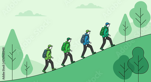 People Hiking Up The Hillside Representing Progress And Growth In Nature Outdoor