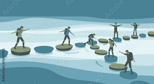 People Journeying Across Stones, Representing Teamwork, Progress, and Moving Forward