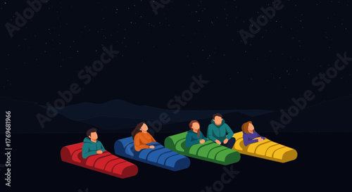 People Observing Celestial Phenomena While Wrapped in Colorful Sleeping Bags At Night