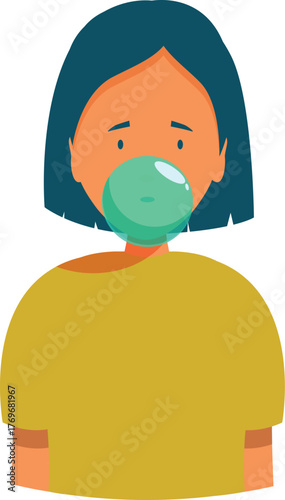Cartoon style illustration of a young woman inflating a large bubble of chewing gum