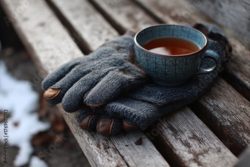 Warm beverage in ornamental blue cup sits atop soft gray gloves on rustic wooden bench outside in cold weather
