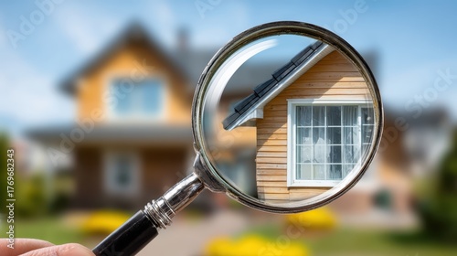 A detailed inspection of a house's architectural integrity is underway, utilizing a magnifying glass to scrutinize its structure and window.