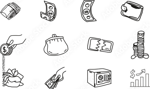 Business icon, hand drawn startup icon, doodle business or startup icon set. Business money sketch idea icon set. Hand drawn sketch elements for startup, project.