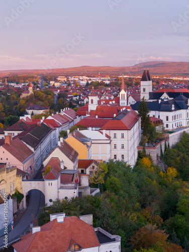Aerial cityscape landscape about the renewed fort of Veszprem. Hungarian name is Veszprem vara. Amazing sunrise over the castle. Vibrant autunm colors.