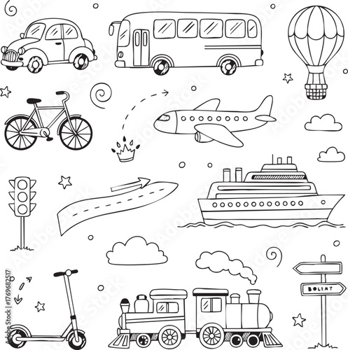Set of hand drawn black and white illustrations on theme of Means of transport