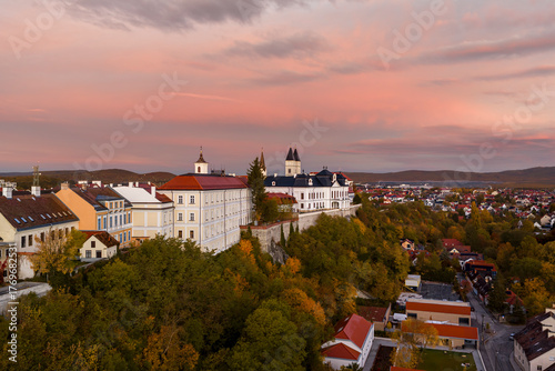 Aerial cityscape landscape about the renewed fort of Veszprem. Hungarian name is Veszprem vara. Amazing sunrise over the castle. Vibrant autunm colors.