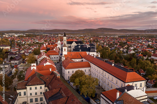 Aerial cityscape landscape about the renewed fort of Veszprem. Hungarian name is Veszprem vara. Amazing sunrise over the castle. Vibrant autunm colors.