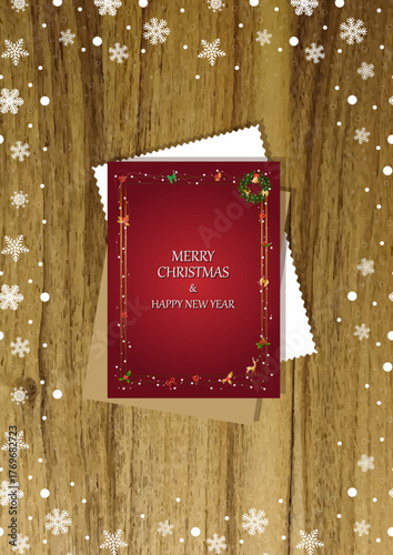 A wooden vertical surface decorated with Christmas decorations, a holiday card lies on the table, creating a warm festive atmosphere