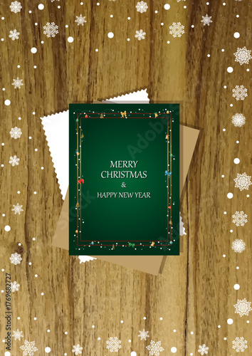 A wooden vertical surface decorated with Christmas decorations, a holiday card lies on the table, creating a warm festive atmosphere