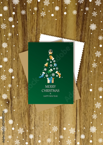 A wooden vertical surface decorated with Christmas decorations, a holiday card lies on the table, creating a warm festive atmosphere