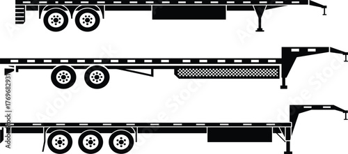 Flatbed trailer silhouettes, gooseneck design, dual and triple axle, transport vector illustration for logistics, freight, shipping, and engineering