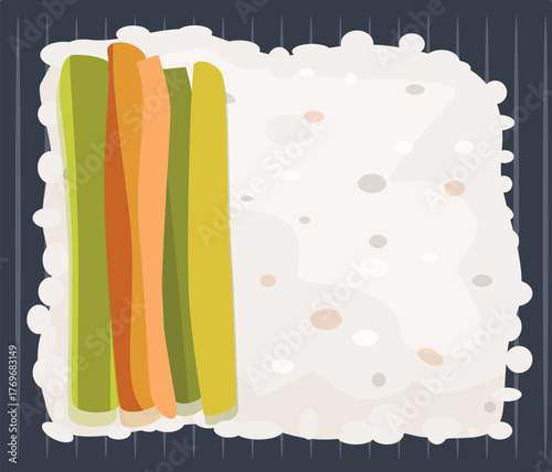Sushi rice with colorful vegetable filling being prepared on a rolling mat, viewed from above