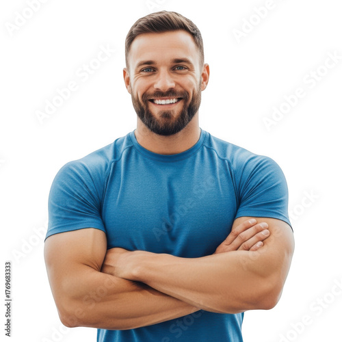 A smiling muscular man with a beard wearing a blue t shirt and crossed arms isolated on transparent background